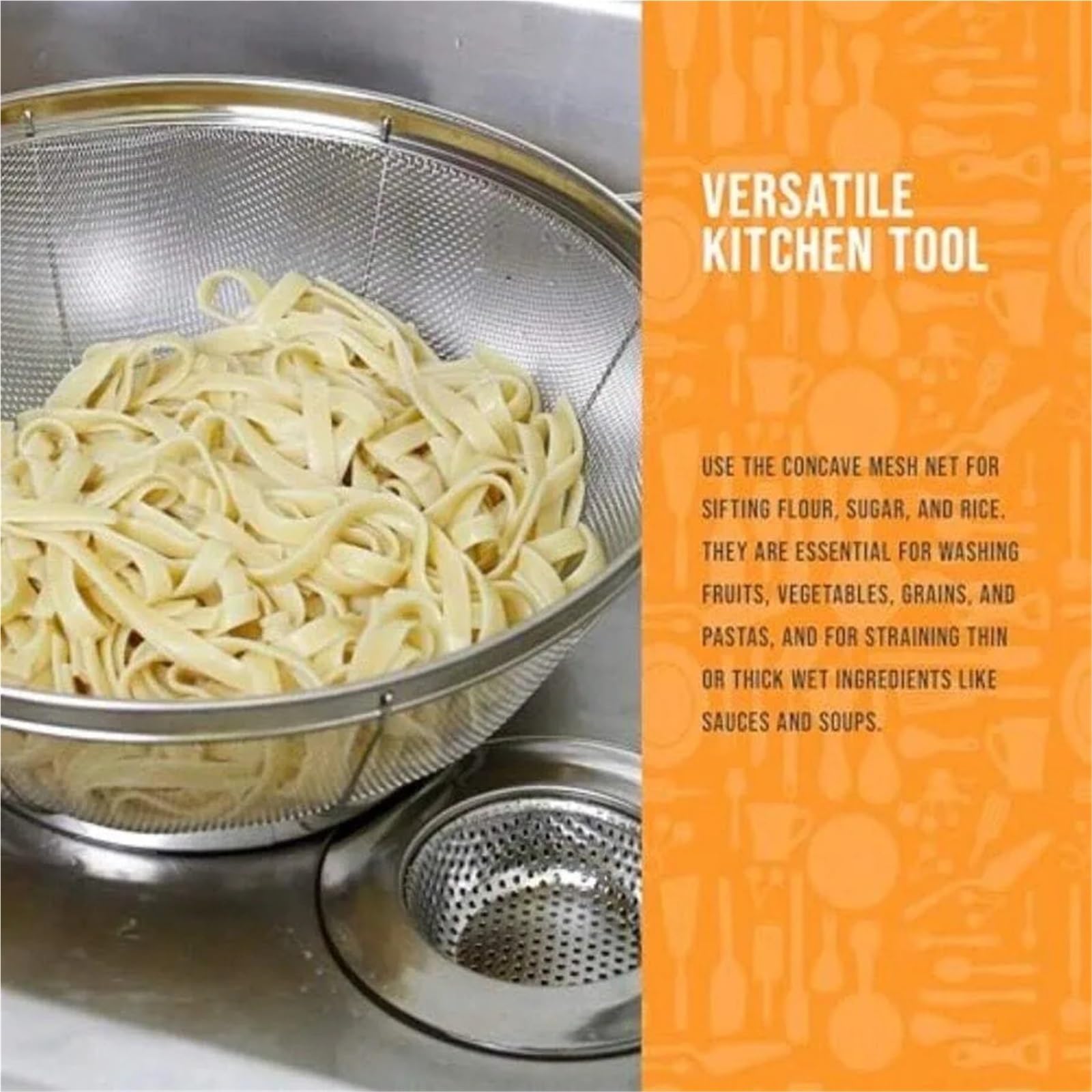 Juego de suministros cocina 3 uds., coladores acero inoxidable, cestas red, colador 5, 4 y cuartos con asas reposapiés para Pasta Verduras y Frutas