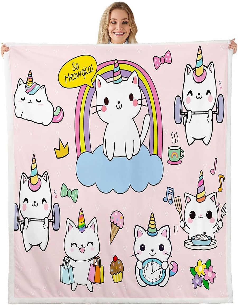 Feelyou Unicorn Fleece Throw Blanket Cartoon Unicorn Cat Printed Sherpa Blanket Kids Toddler Girls Cute Kitten Pattern Plush Blanket Rainbow Unicorn Fuzzy Blanket for Sofa Bed Couch 50"x60"
