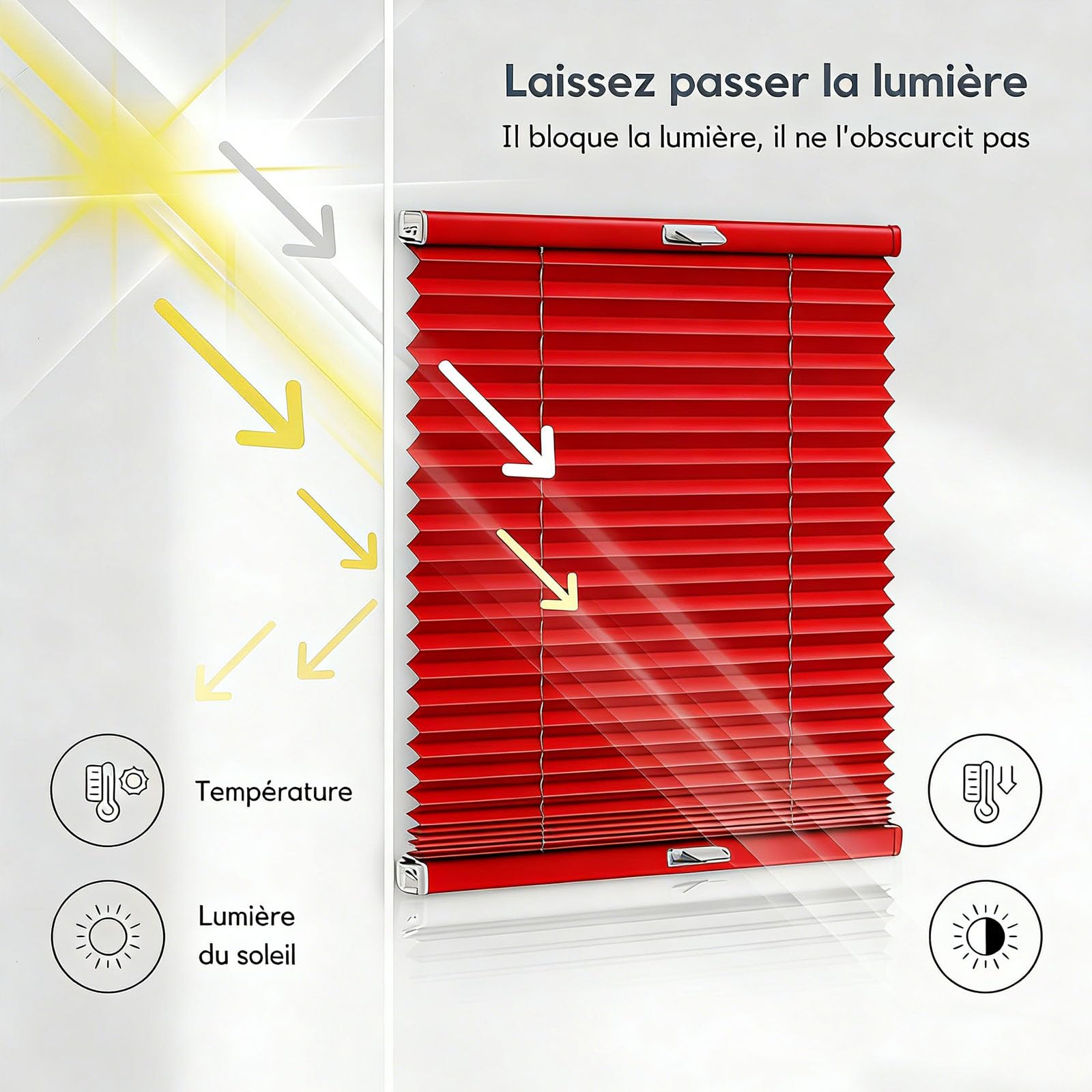 Store Plissé Crush Klemmfix sans Perçage 75 x 200 cm Facile à Installer Protection Vie Privée Rideaux Plissés en Non-Tissé Store Plissé avec Perçage pour Fenêtres Portes, Rouge