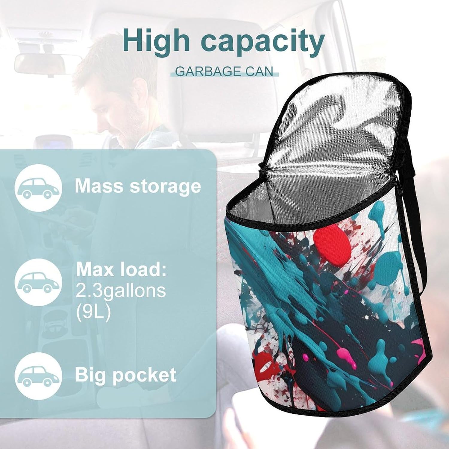 MUSM Leakproof Car Trash Can 2.5 Gallon, Durable Automotive Garbage Bag with Waterproof Liner, Abstract Paint Splashes Trash Bag for Car, Truck, RV & Bathroom