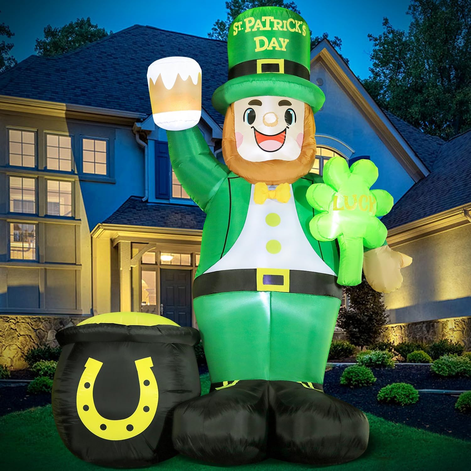 St. Patricks Day Inflatable Decorations 8ft Large Leprechaun Built-in LED Lights with Shamrock and Gold Coin Pot Blow Up Décor Outdoor Lucky Day Holiday Party Lawn Yard Garden Patio - Image 4