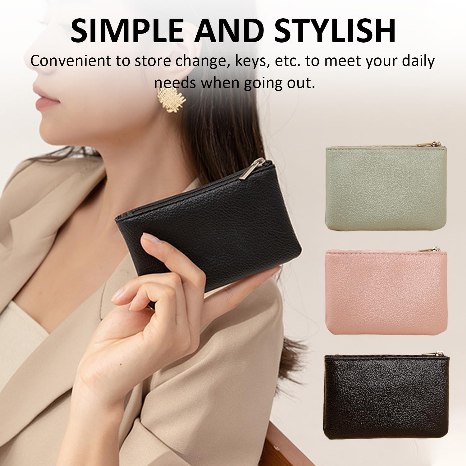 Mini monedero de 3 piezas con cremallera - Cartera suave para guardar monedas, llaves y objetos pequeños
