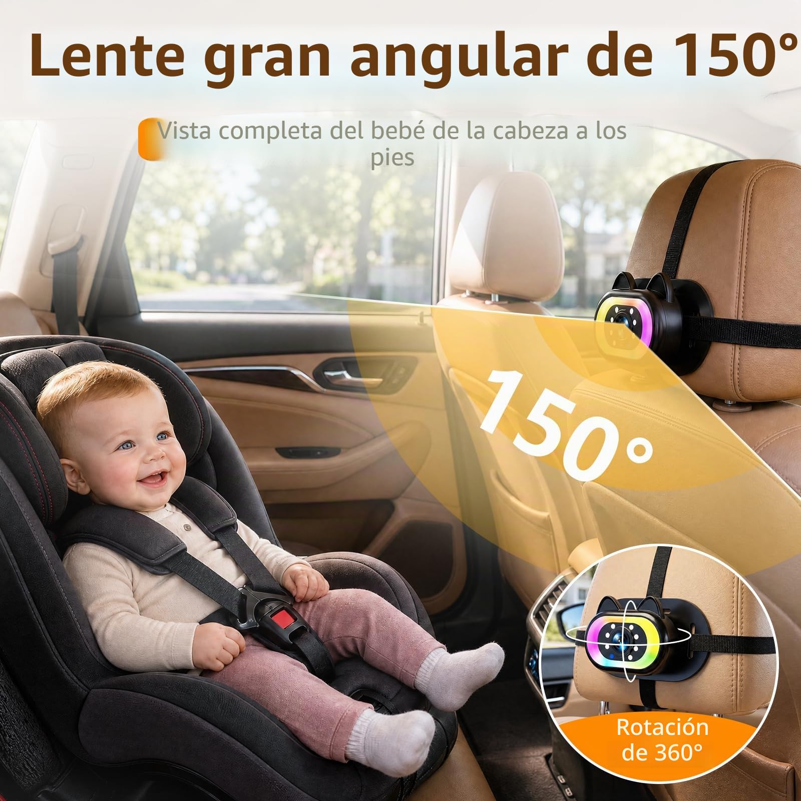Cámara HD 1080P para coche de bebé con luz ajustable: visión nocturna clara para mantener la tranquilidad para viajes diarios y viajes largos por carretera, visión amplia de 150°, fácil configuración | Cámara de asiento de coche para bebé orientado hacia