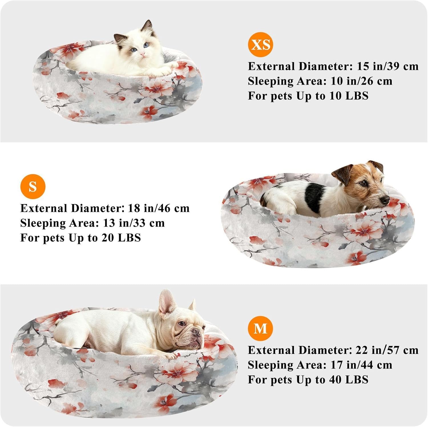Dog Bed Ultra Soft Fluffy Comfortable Cat Bed, Oriental Flowers Washable Dog Beds Anti-Slip Round Pet Beds for Medium Dogs