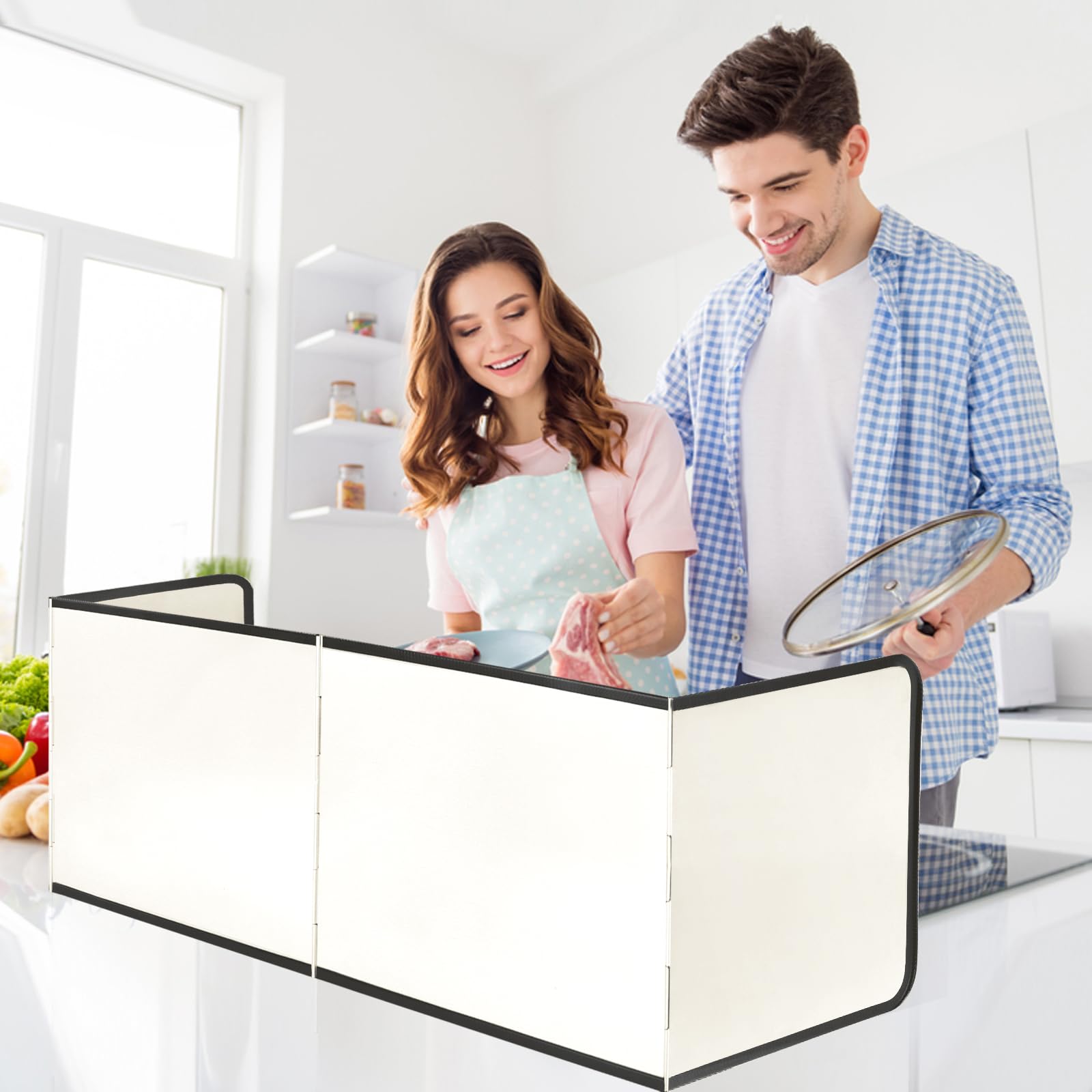 FoiiLiio Protector Salpicaduras Cocina, Protector Salpicaduras Pared con Revestimiento Antiadherente, 4 Lados Antisalpicaduras Cocina, Plata, Plegable, para Cocina, Asado, Fregadero (Beige)
