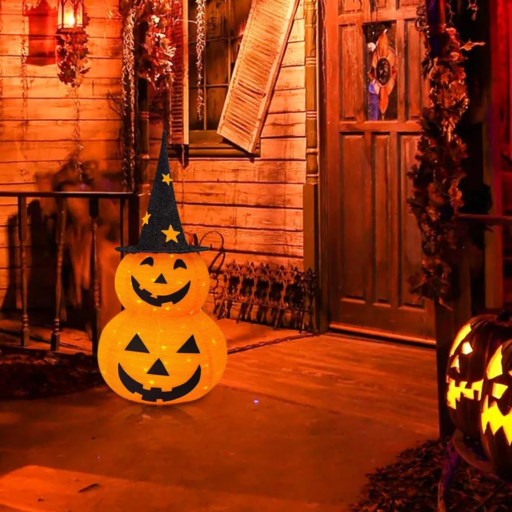 Halloween Lantern 3ft Light Up Halloween Pumpkins with Witch Hat 3 Pumpkins Stack Decorations with 50 Light Beads Collapisible Pumpkin Lights for Outdoor Indoor, Style 1Halloween Decoratio