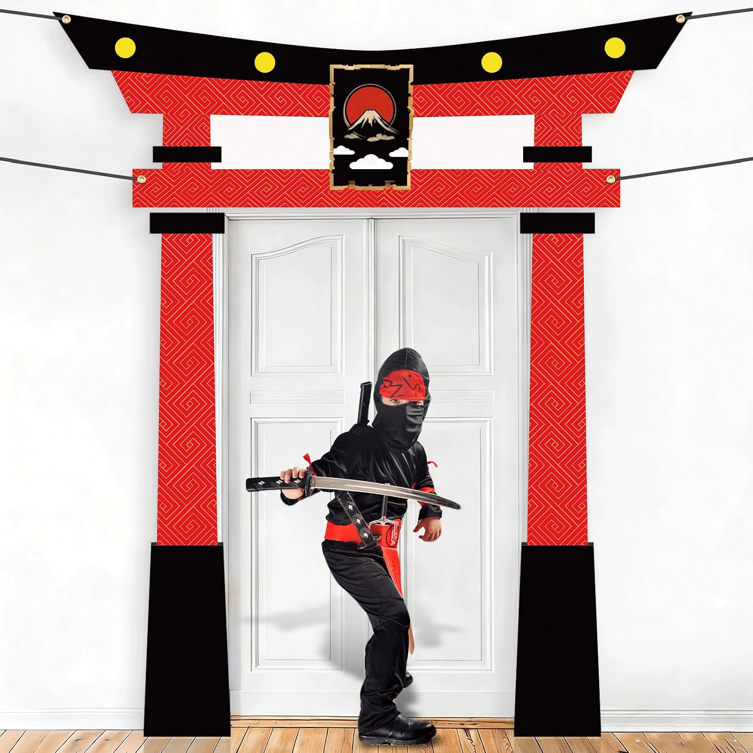 Japanese Torii Gate Door Banner – 3PCS Ninja Warrior Backdrop Door Decoration for Karate Birthday Party Photo Booth Props