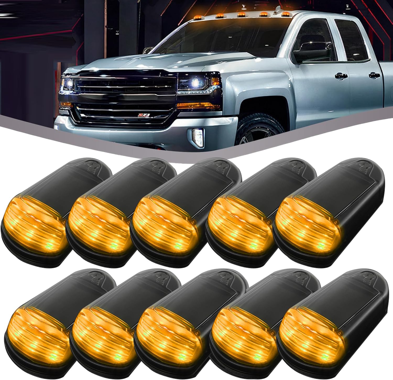 Solar Powered Cab Lights, Solar Wireless Cab Lights for Truck, Wireless Led Lights for Car, No Drilling or Additional Wiring Needed (Black,5 Pcs,Yellow light)