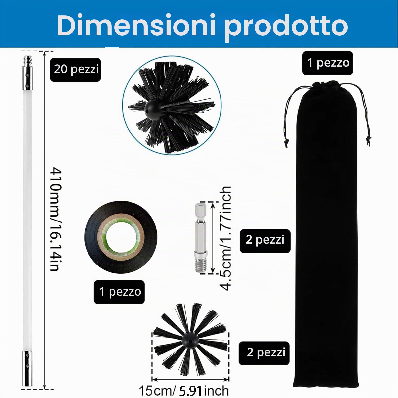 24 PCS Spazzola per la Pulizia del Camino，Spazzole per Camini，Spazzola Pulizia Camino，Kit per la pulizia della stufa a pellet regolabile Include 20 aste, 2 testine, 1 connettore e 1 borsa portaoggetti