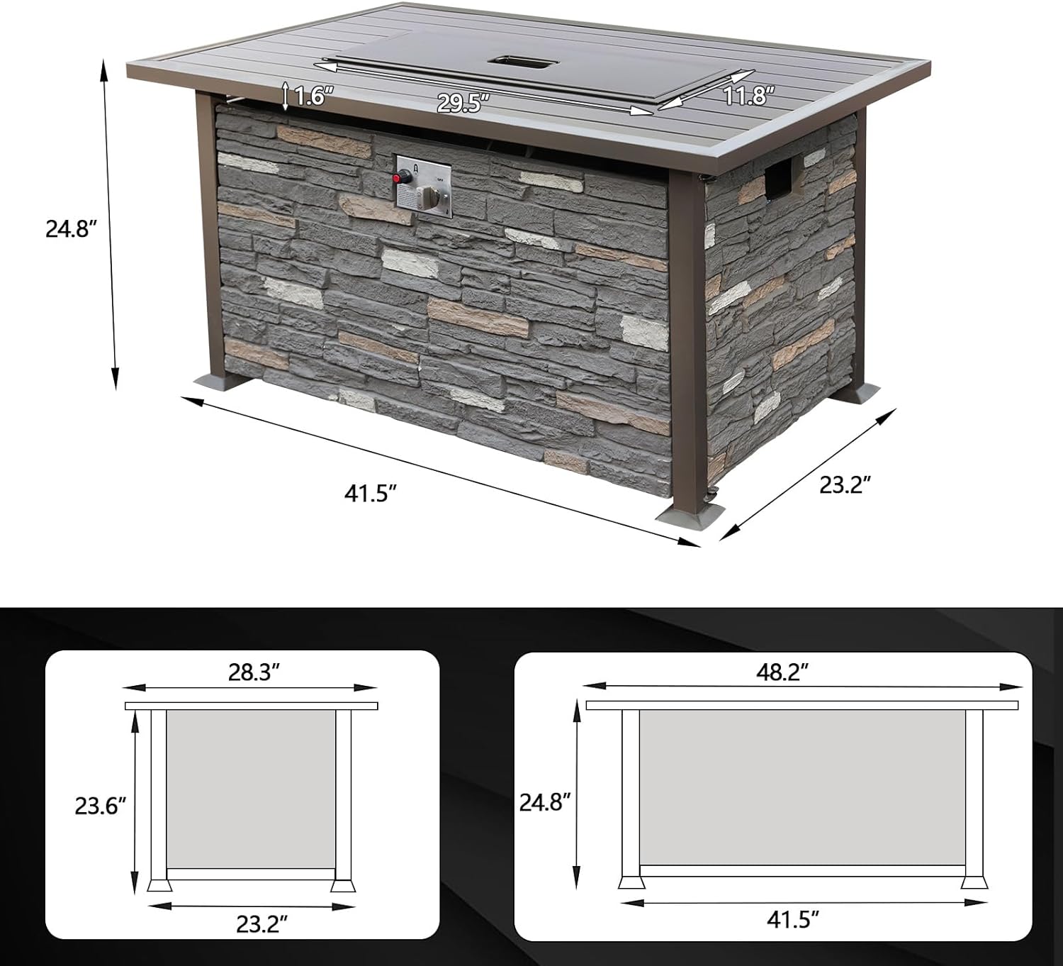NOBLEMOOD 48 INCH Propane Fire Pit Outdoor Fire Table w/Faux Ledgestone Base, 50,000 BTU Gas Fire Pit Table w/Metal Table Top, Waterproof Cover for Outdoor, Patio, Garden, CSA Certification