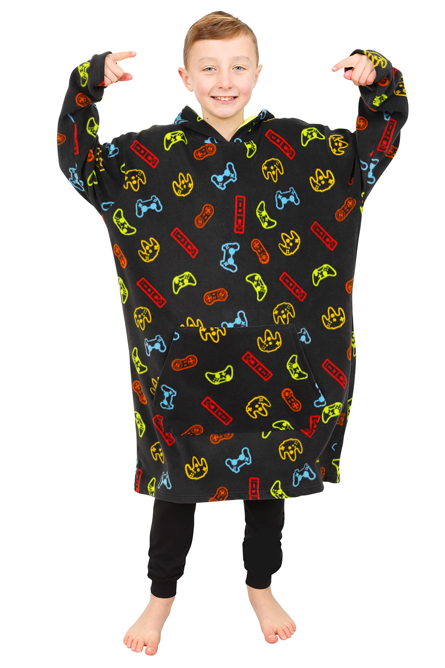 Thepyjamafactory Boys Black Neon Gamer Fleece Hoodie, Fleece Blanket Hoodie For