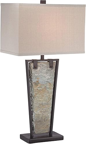 Miniatura 2 de Franklin Iron Works Zion - Lámpara de mesa rústica de 30 pulgadas de alto, marco de metal cónico de bronce pizarra natural, pantalla rectangular