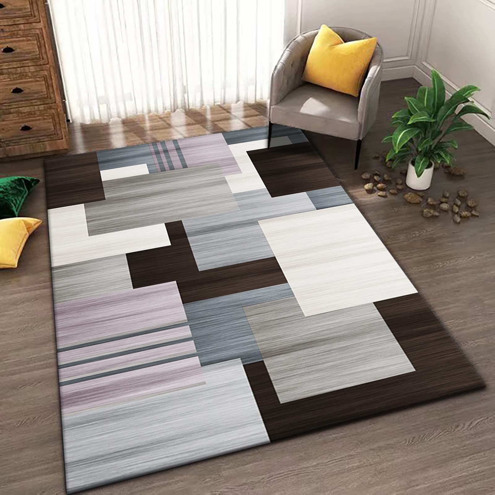 Tapis à poils longs pour salon, chambre à coucher, motif géométrique rectangulaire moderne, idéal pour l'entrée, le couloir et le bureau