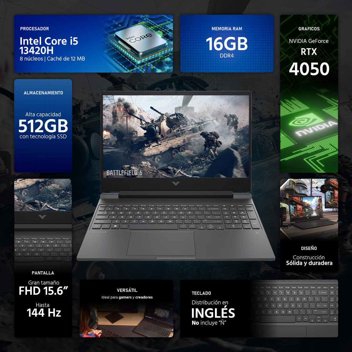 HP Laptop Gamer Victus NVIDIA GeForce RTX 4050 Intel Core i5 13420H 16GB RAM 512GB SSD 15.6" Windows 11 Home Teclado en Ingles