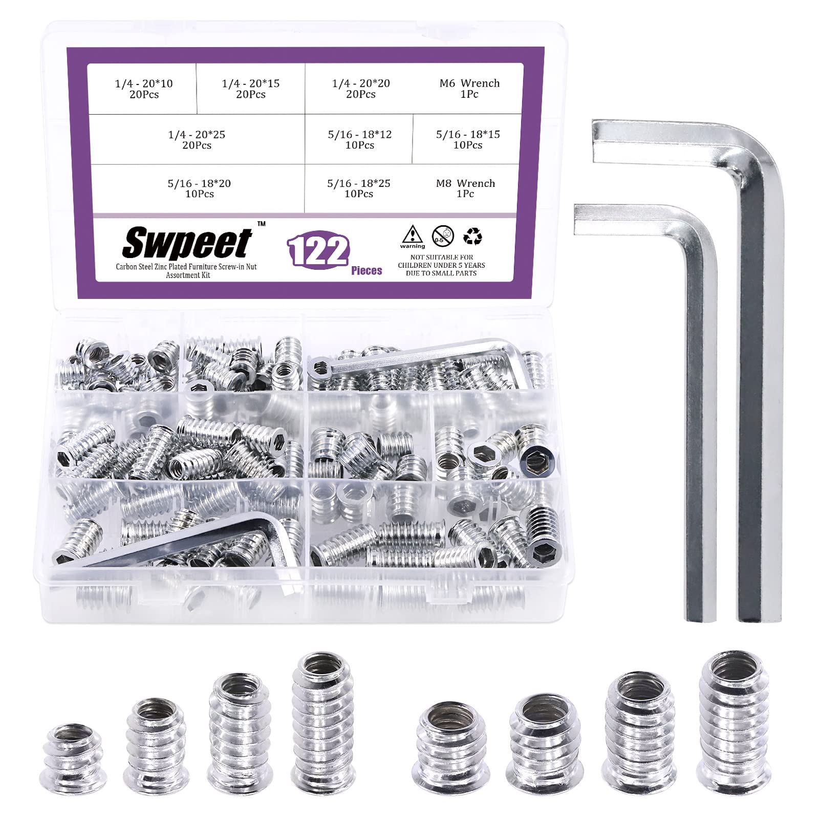 Swpeet 122Pcs White Zinc Plated Carbon Steel Carbon Furniture Screw in Nut Threaded Wood Inserts Threaded Inserts Bolt Fastener Connector Hex Socket (1/4