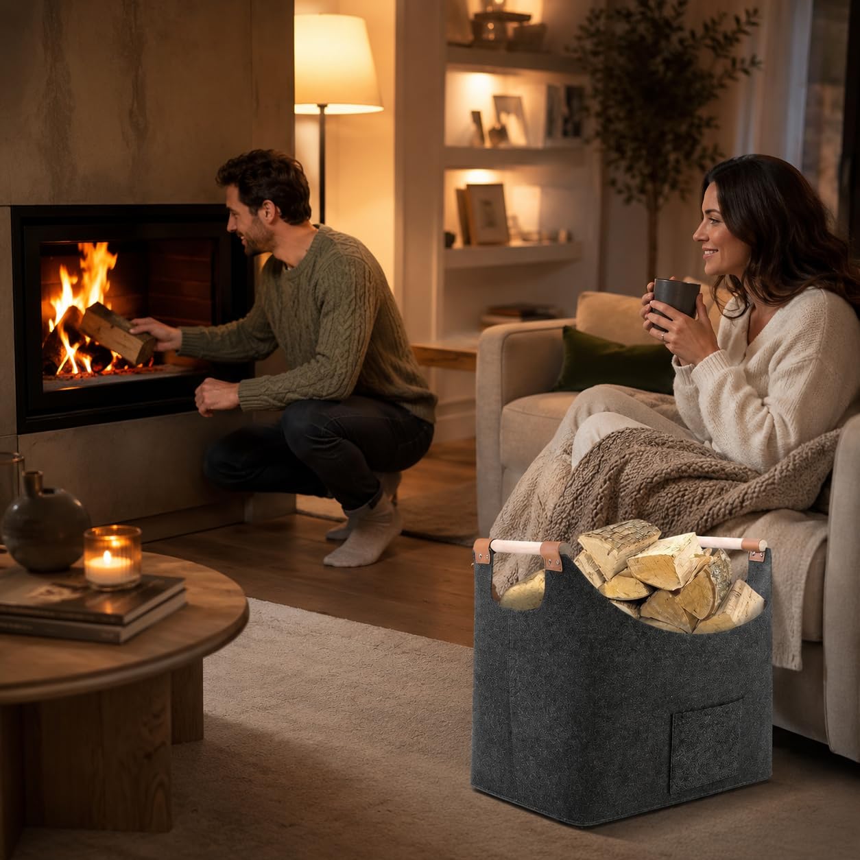 Cesta para Leña 2 Unidades, de fieltro Fieltro extra grueso y asa reforzada, plegable Bolsa, con bolsillo frontal, 67L & 96L, 50×32×40 cm 60×40×40 cm, Guardar Periódicos la Chimenea