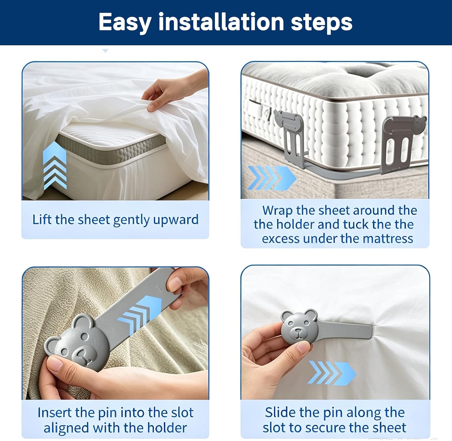 Heavy Duty Corner Bed Sheet Holders (Set of 4) – with Anti-Slip Pads & Lock Fasteners, Keeps Sheets Tight & Firm, Fits All Mattress Sizes, Easy to Install