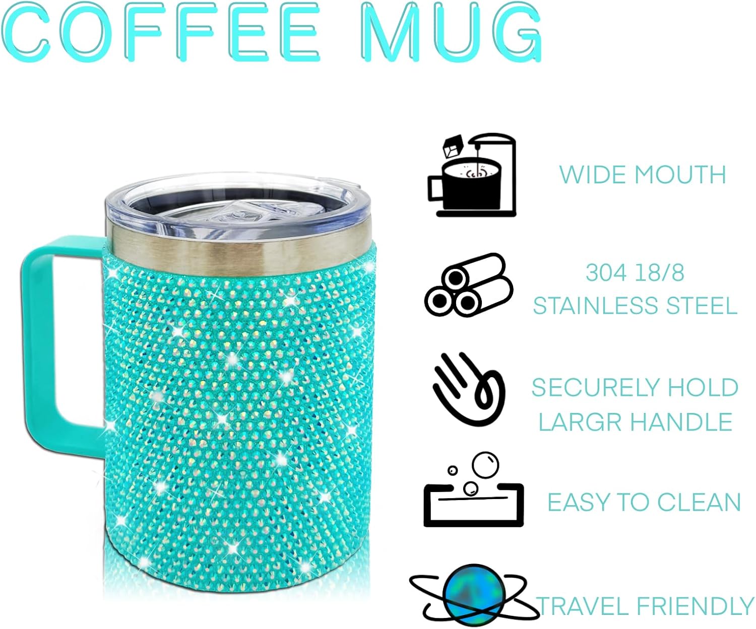 12oz Bling Travel Coffee Mug with Handle and Lid Rhinestone Insulated Coffee Mug Stainless Steel Vacuum Reusable Glitter Coffee Tumbler Thermal Cup for Home and Office (Sea Glass) - Image 3