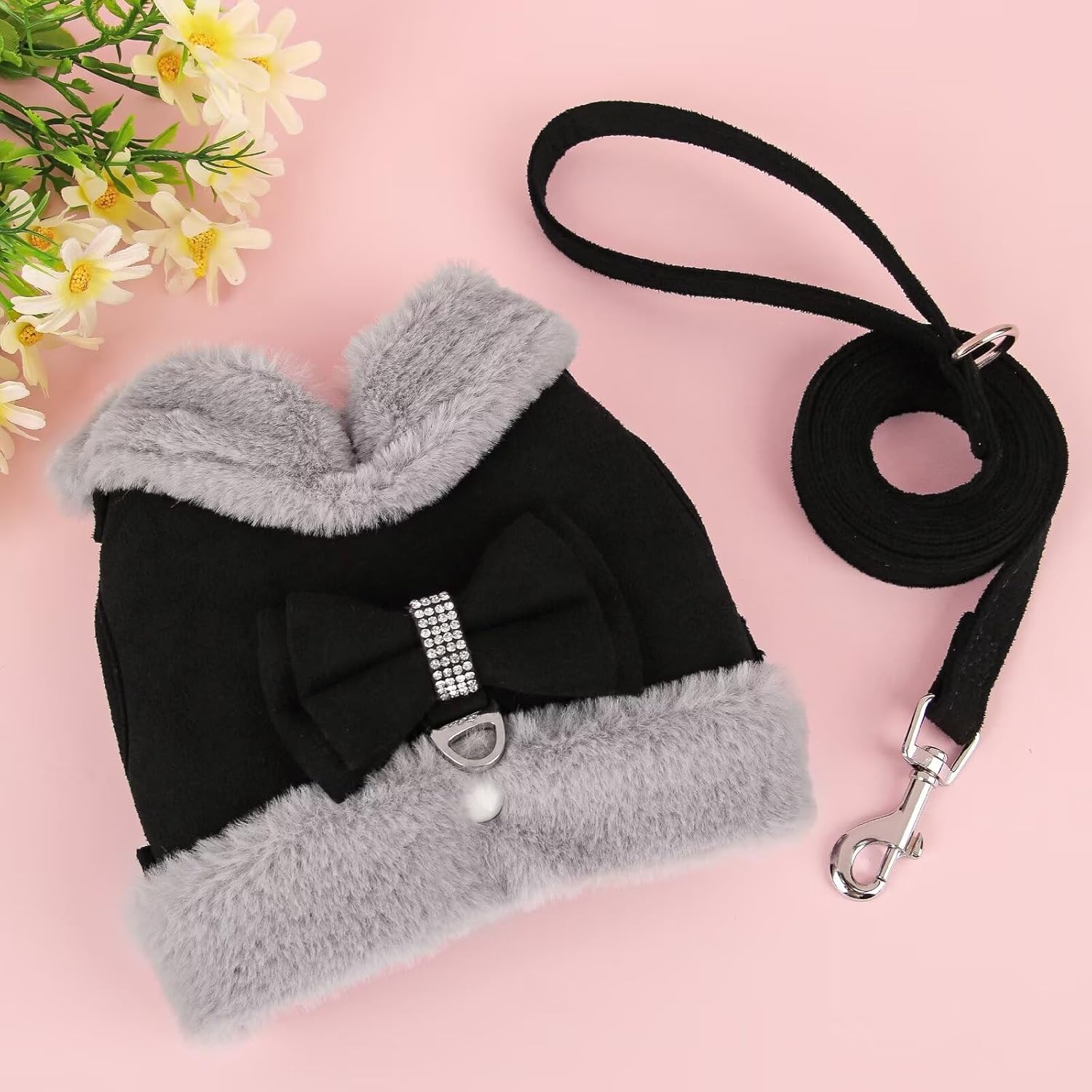 Didog Small Dog Harness and Leash Set, Winter Cute Dog Harness with Bow Tie, Adjustable Soft Padded Puppy Vest with Removable Plush Collar for XS Small and Medium Sized Dogs (Black, XS)