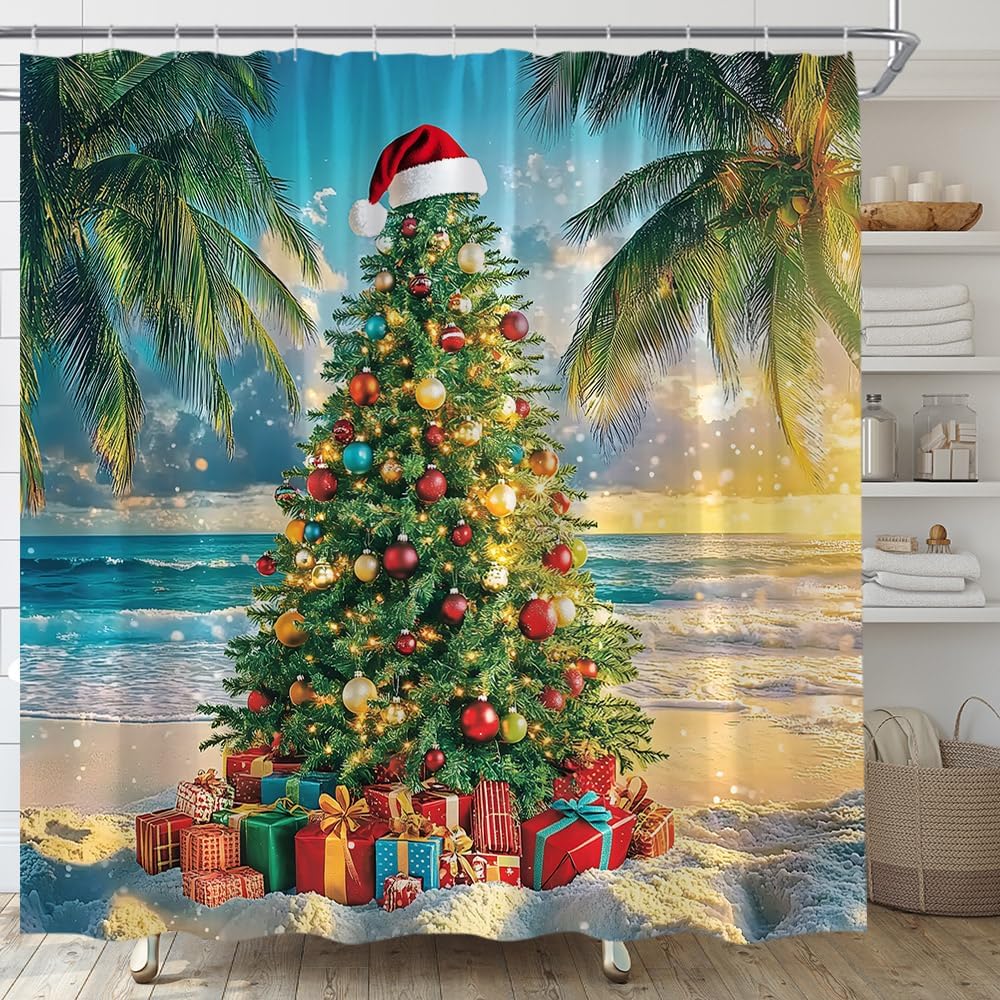 Summer Christmas Tree Shower Curtain Tropical Beach Xmas in July New Year Holiday Fabric Bathroom Decor Set with Hooks,(84" Wx70 H)