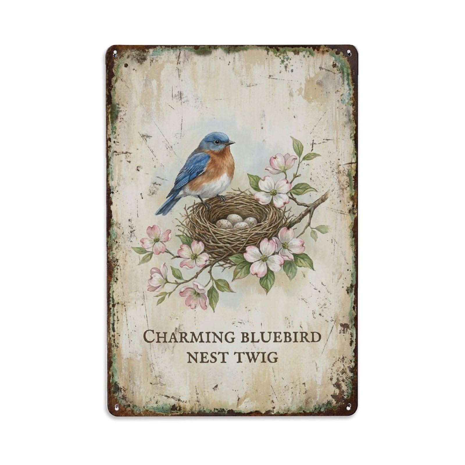 Charming Bluebird Nest Twig Branch Metal Tin Sign Plaque Wall Decor for Cafe, Club Bar, Office, Home Garden Metal Poster 8x12Inch