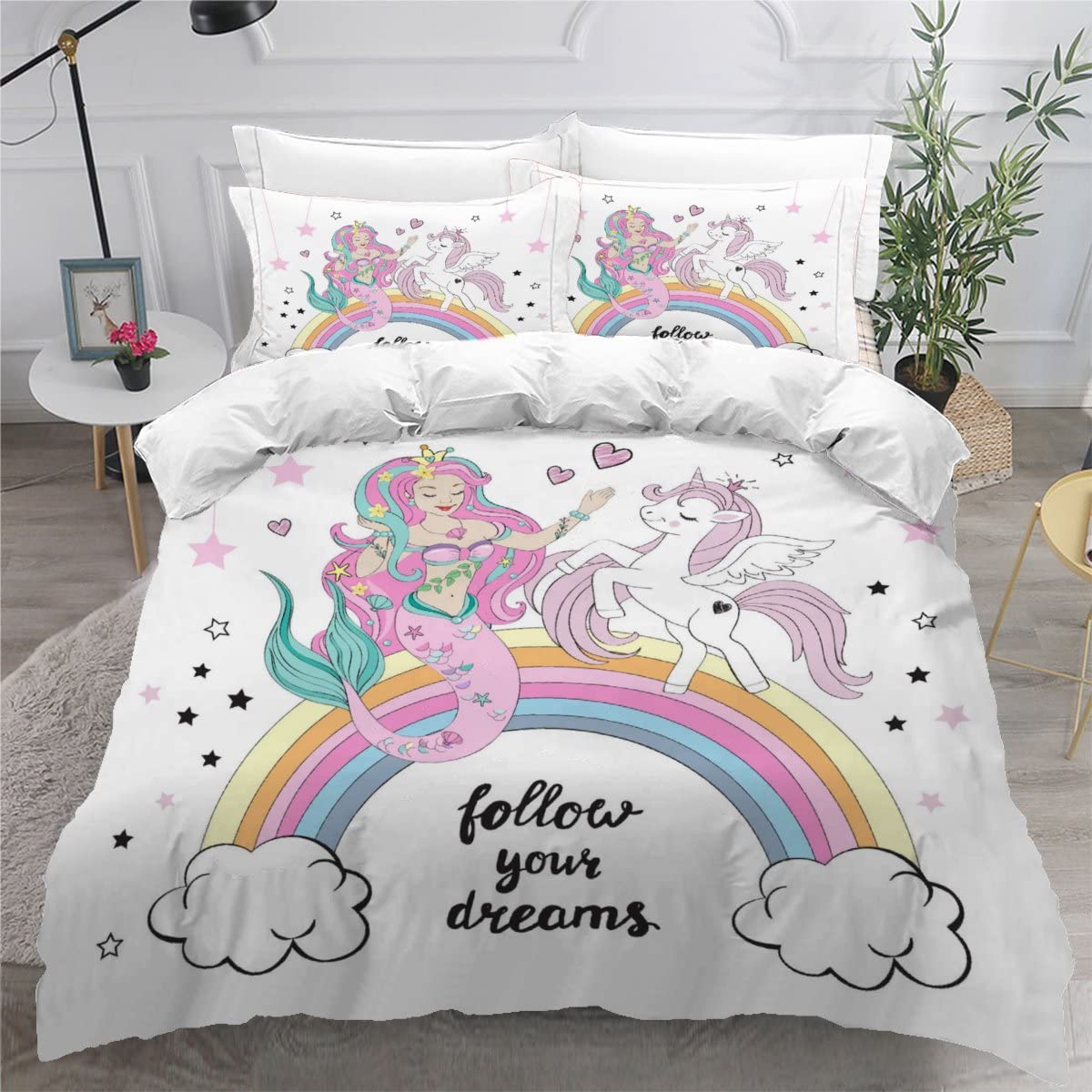 Parure de lit sirène 140x200 cm avec housse de couette enfant et taies d'oreiller microfibre