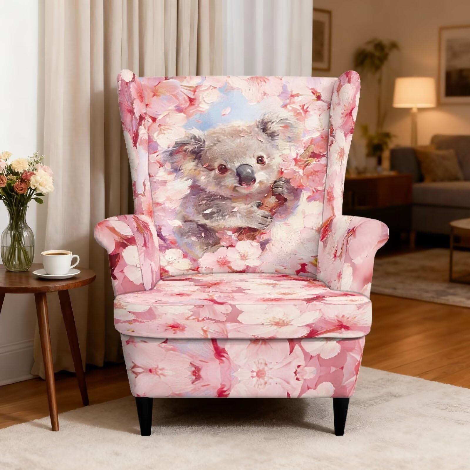Xoenoiee Koala - Funda para silla con respaldo de alas con estampado de flores de cerezo, 2 piezas, fundas para sillón con parte inferior elástica, protector antideslizante para muebles para sala de