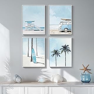 Framed Blue Coastal Beach Wall Art for Room Decor, 4 Piece Beach Ocean B...