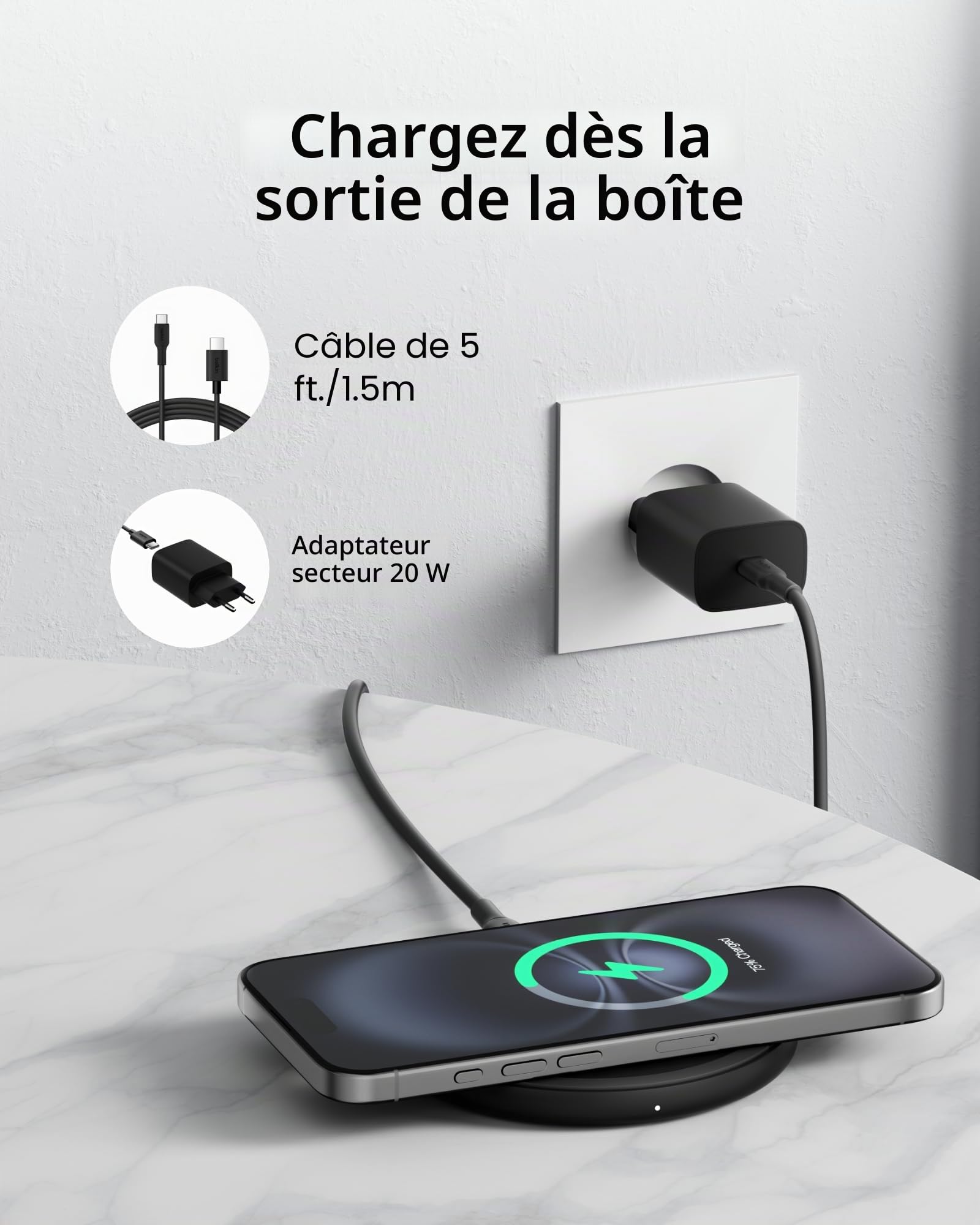 Belkin Chargeur sans Fil 15W - Chargeur Qi pour Apple iPhone 16, iPhone Série 15/14/13, AirPods, Samsung Galaxy S25, Galaxy S24, Pixel - Adaptateur Secteur et câble Inclus - Noir