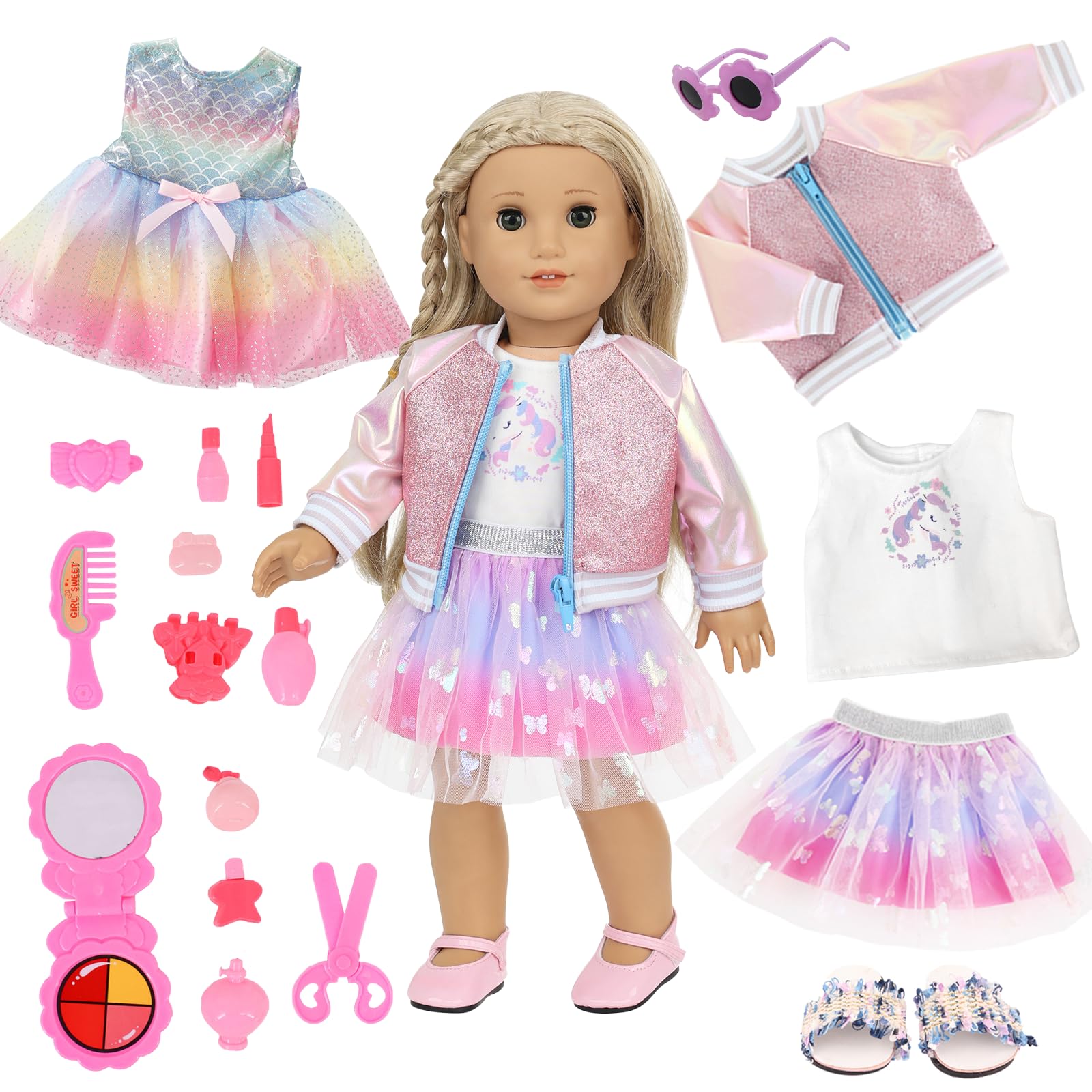 Doll Clothes for 18 Inch Baby Girl Doll, Summer Glitering Dress and Accessories with Pink Jacket Butterfly Tulle Skirt Rainbow Dress Vest Top Shoes Sunglasses Make-up Play Set
