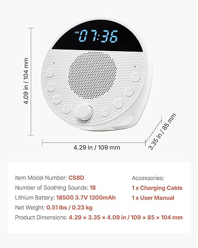 Miniatura 7 de VEVOR Máquina de sonido, 18 sonidos relajantes de sueño y luz nocturna de 7 colores, máquina de sonido de ruido blanco 5 en 1 con alarma dual,