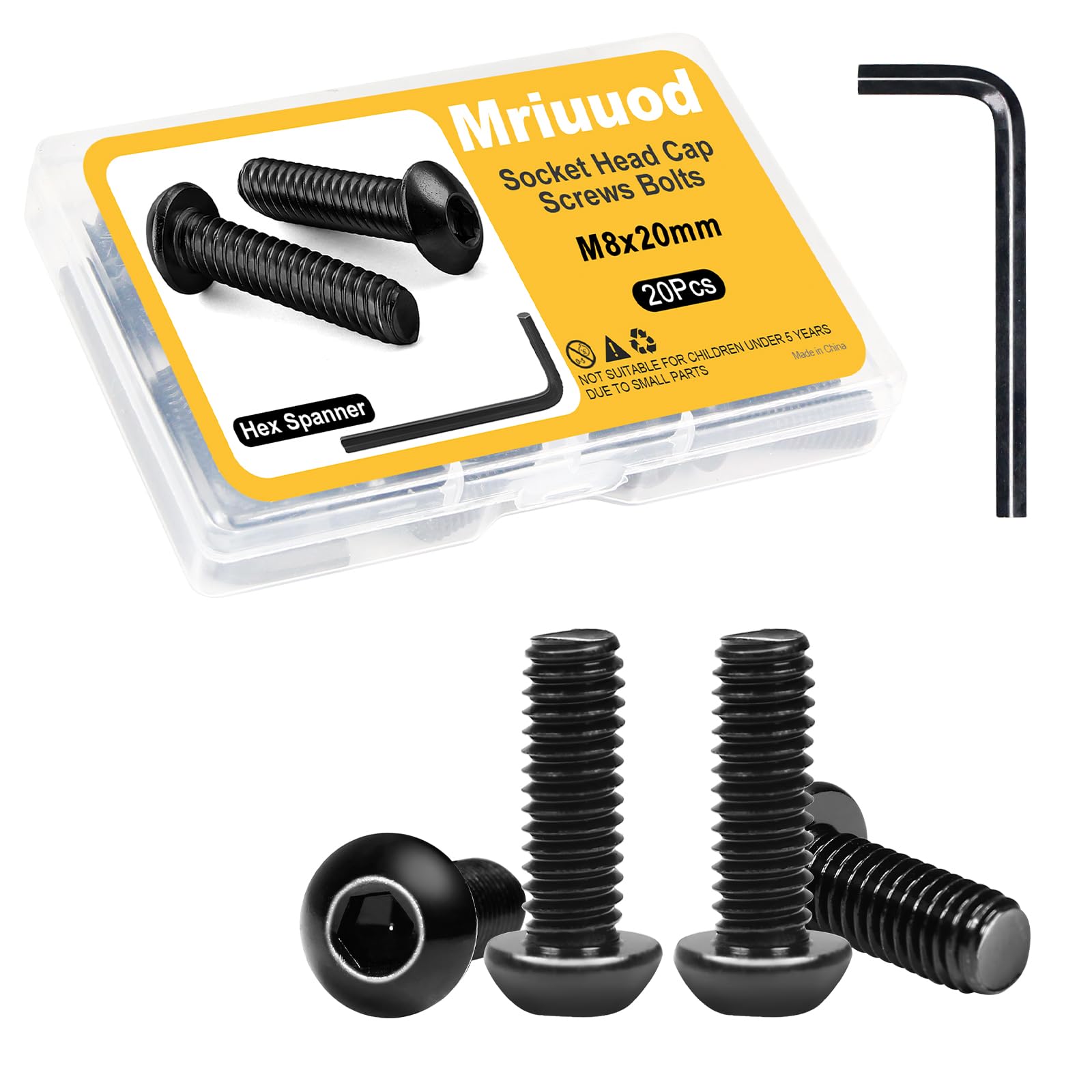 M8x20mm Button Head Socket Cap Bolts Screws with Hex Spanner, 20Pcs 304 Stainless Steel 18-8 Furniture Bolts Full Thread,Black Zinc Plated