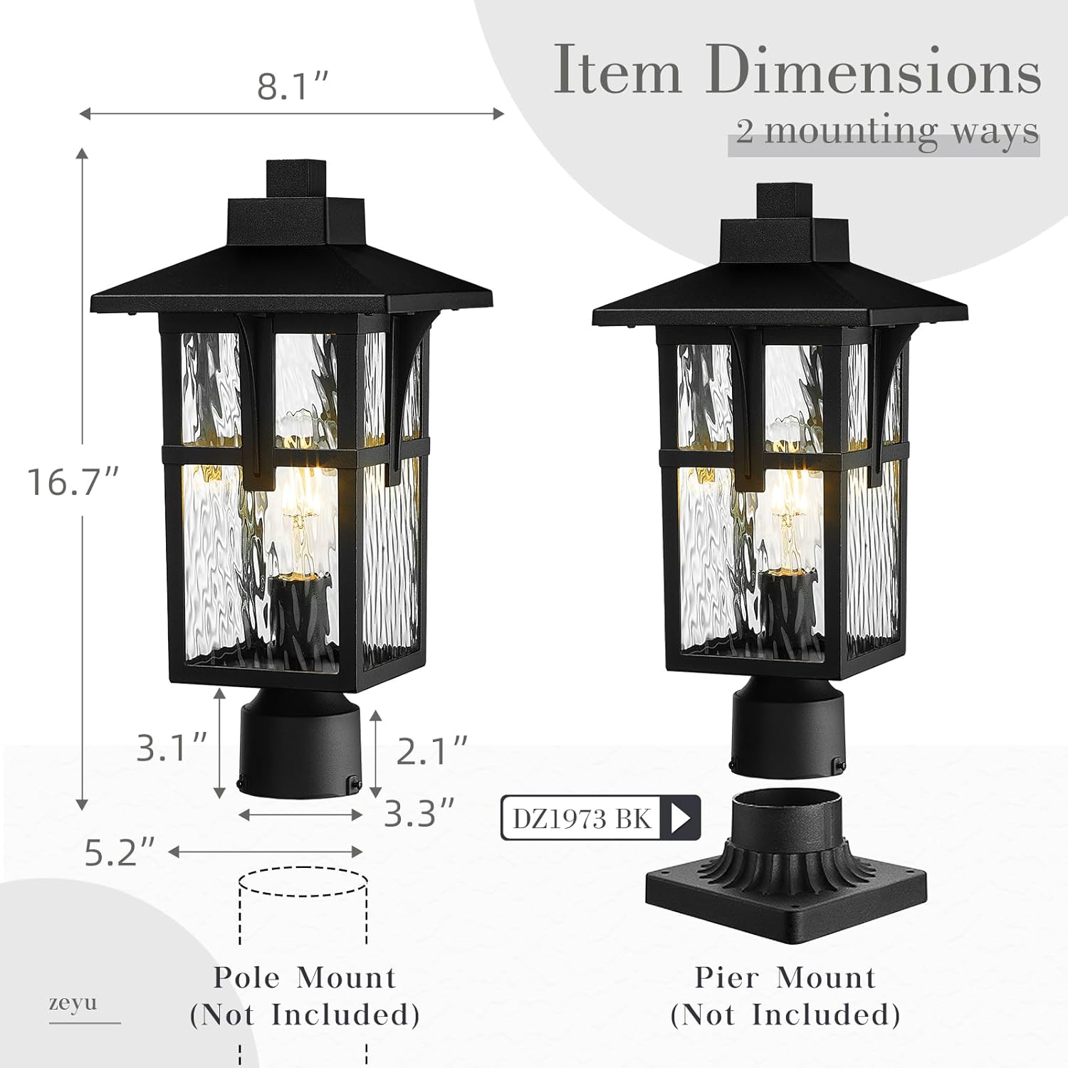 zeyu 16.7 Inch Outdoor Pole Light, Lamp Post Light Fixture for Garden Pathway, Die-Cast Aluminum with Water Ripple Glass, Black Finish, ZX1P-SW BK