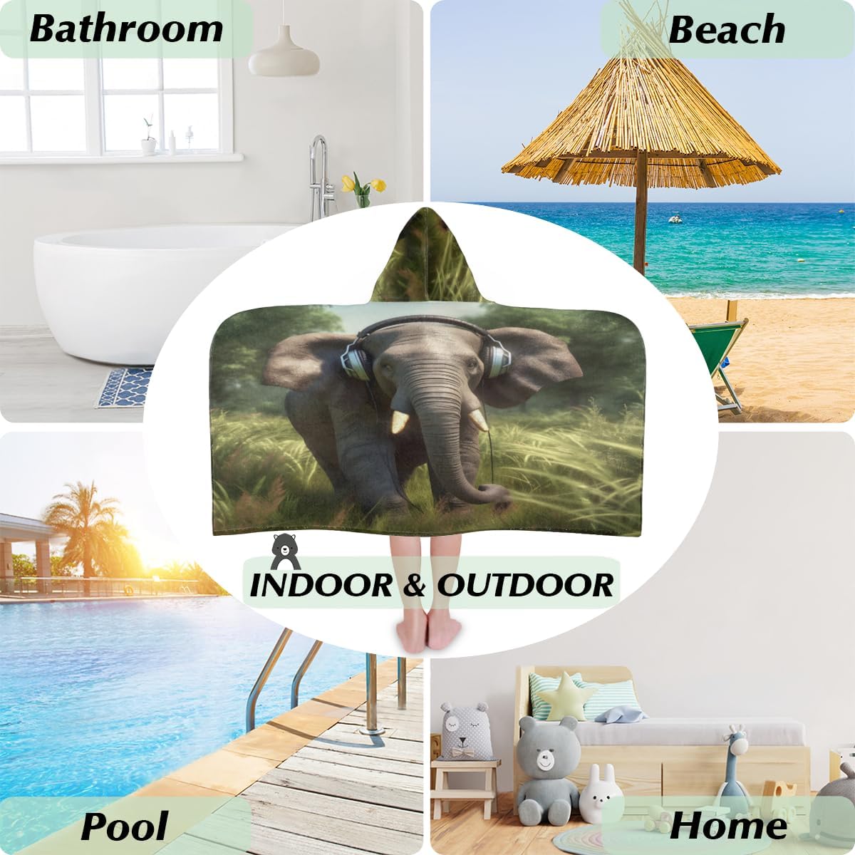 Pardick Kids Bath Towel Elephant with Headset Beach Towel with Hood Pool Cover Up for Girls Boys Soft Absorbent Hooded Bath Towel Toddler Towels for Beach, Pool