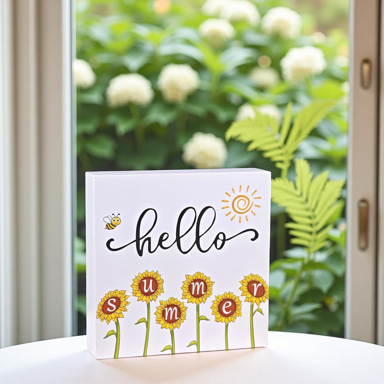 Summer Decor Summer Decorations for Home Hello Sunflowers Wood Box Sign Rustic Wooden Shelf Desk Decor Season House Warming Gifts 5.9 x 5.9 Inch