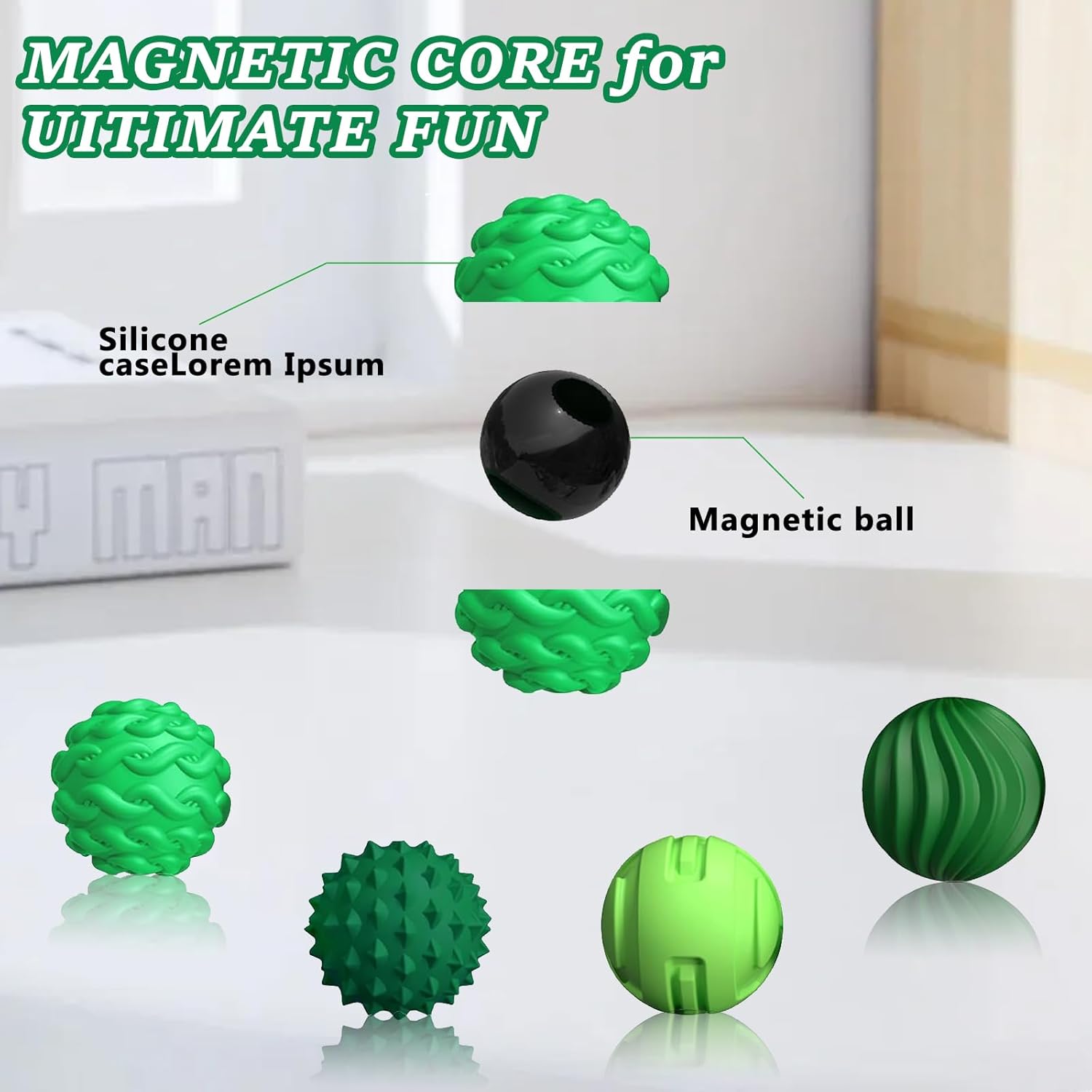 Silicone Fidget Balls Toys,4 Pcs Sensory Magnetic Silicone Balls Desk Toy,Office Desk Fidget Balls for Anxiety Relief,Silent Magnetic Stress Balls Fidget Toys for Teens and Adults. (Green)