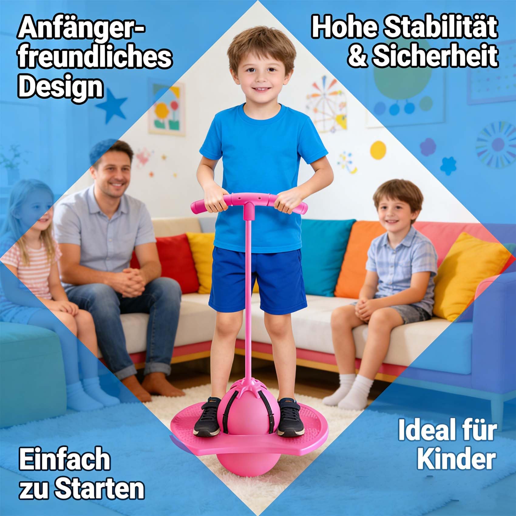Balance Jump Board Ball Kids, 2026 Neu HüPfball mit Griff, HüPfball Kinder mit Stange, Pogo Sprungball, Rutschfeste Unterseite, Ideal füR Indoor & Outdoor Balance-Training