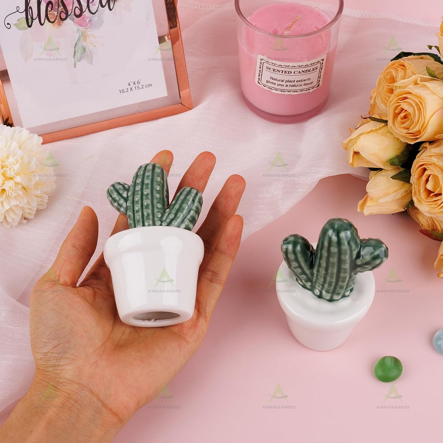 2 Pack Cactus Ceramic Toilet Bolt Covers Decorative Floor Caps | Green White Toilet Bolt Caps Playful Cactus Bathroom Decor