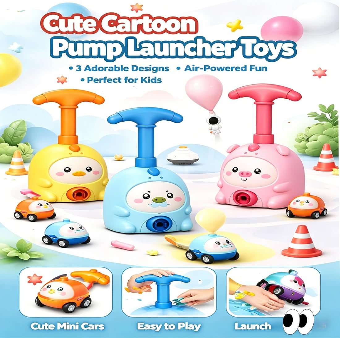 2026 New Balloon Launcher Toy Set, Balloon Launcher Car Toy Pump Set, Animal Air Powered Balloons Cars Toy, 2-in-1 Races on Ground & Flies in Air, DIY Physics Learning (C-car*2+balloon*6)