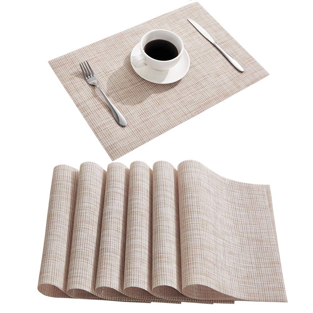 DOLOPL Placemat Placemats Waterproof Beige Placemats Set of 6 Crossweave Woven Vinyl Laminated Table Mat Easy to Clean Heat Resistant Wipeable Spring Placemats for Dining Table