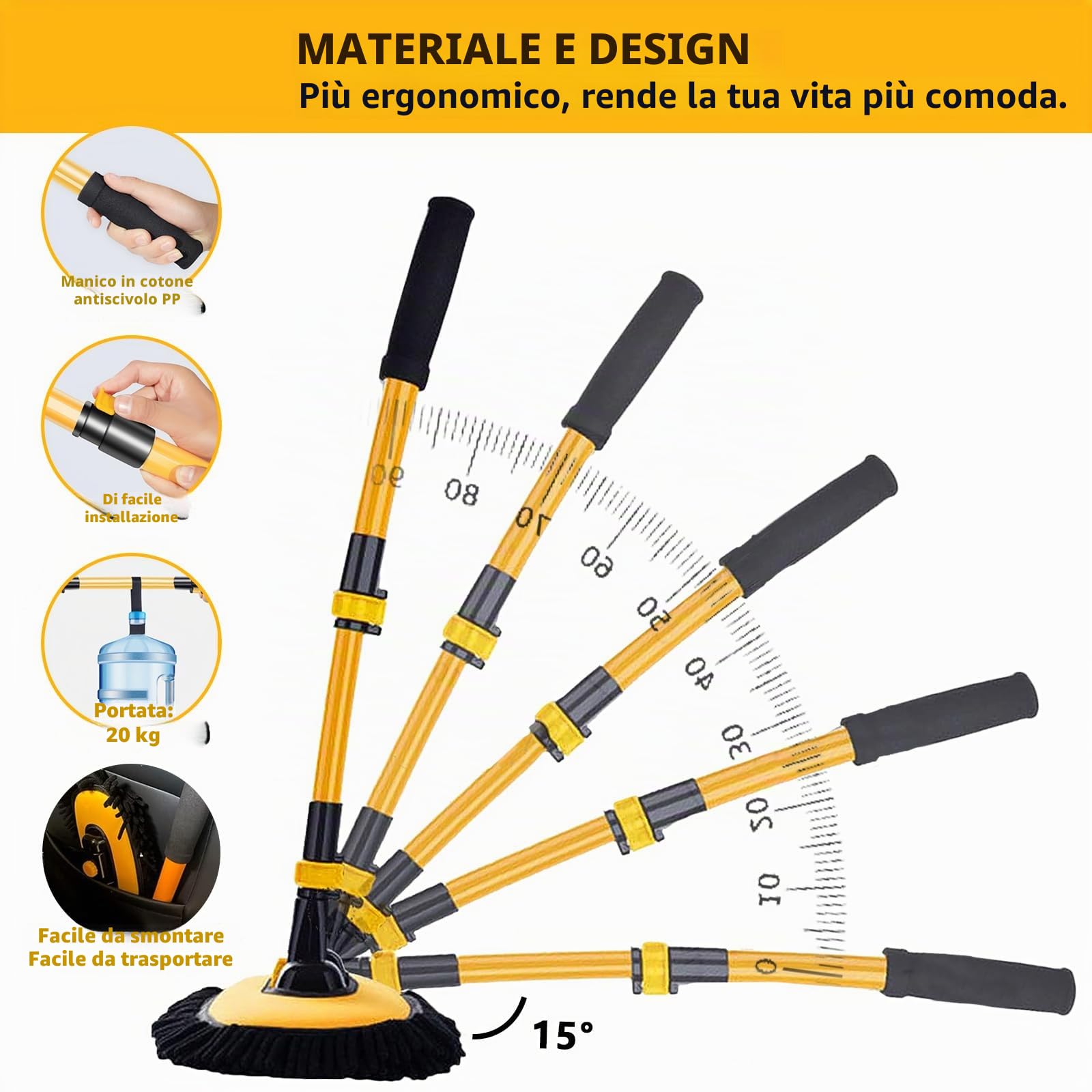 Kit di spazzole per lavaggio auto a 15° con manico telescopico, mocio a manico lungo con 2 teste in morbida ciniglia per camper, camion, auto, barca, strumento di pulizia antigraffio