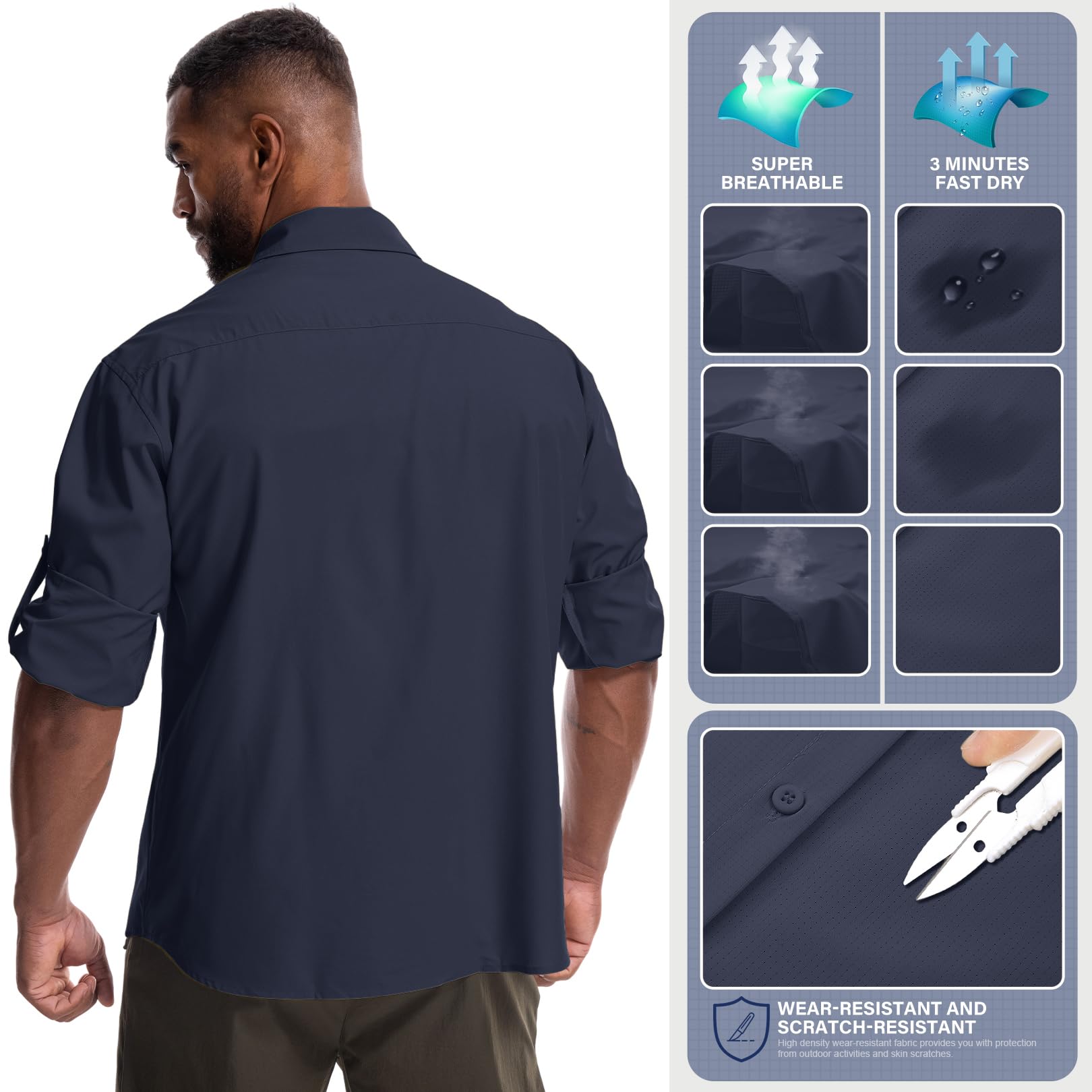 Camisas de safari para hombre, protección solar UV UPF 50+, manga larga, para exteriores, secado rápido, pesca, senderismo, jardinería