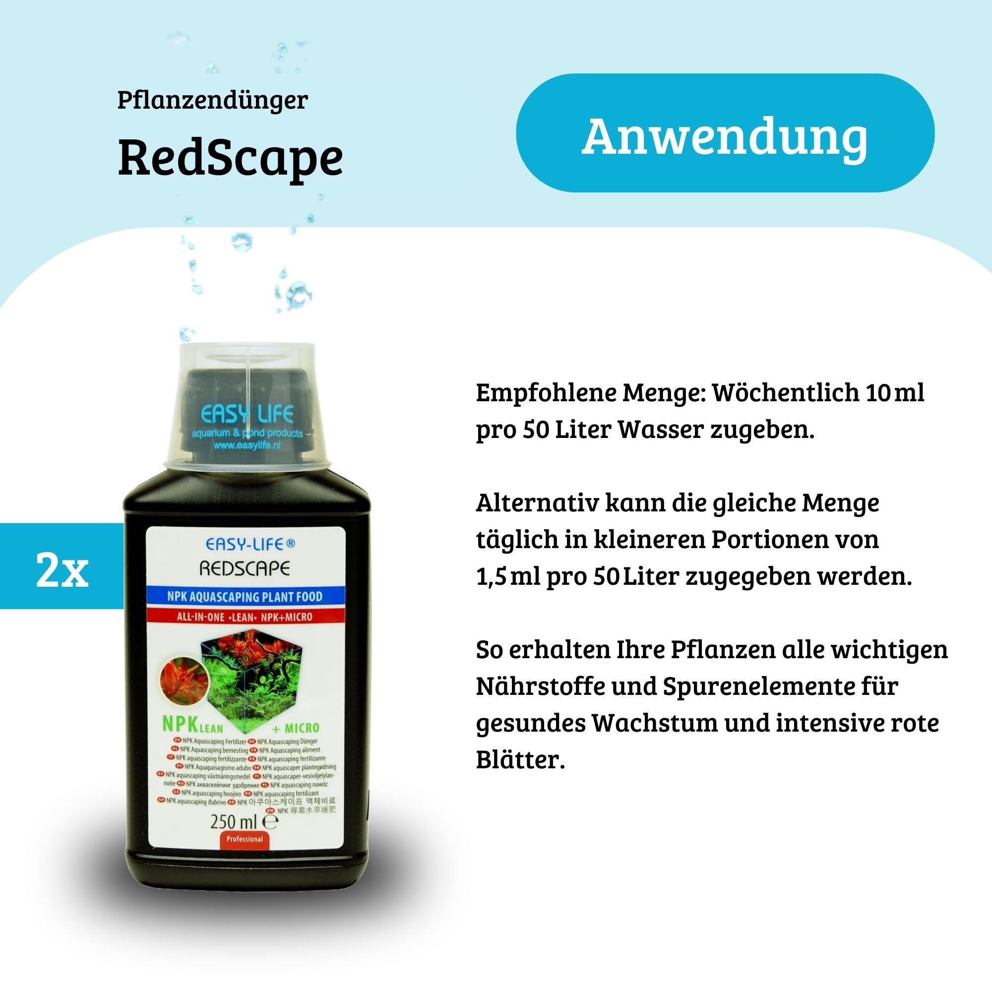 Easy Life RedScape 2er Pack – 2×250 ml NPK Flüssigdünger für Aquarienpflanzen, verstärkt rote Blattfarbe, mit Eisen & Spurenelementen, nitratreduziert & fischsicher