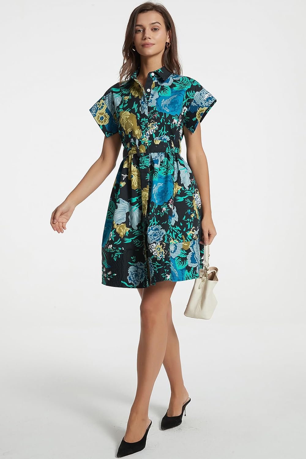 D-Sun Women Button Down Shirt Dress V-Neck Floral Printed Short Sleeve Mini Dress Casual Belted Short Party with Pocket - Image 6