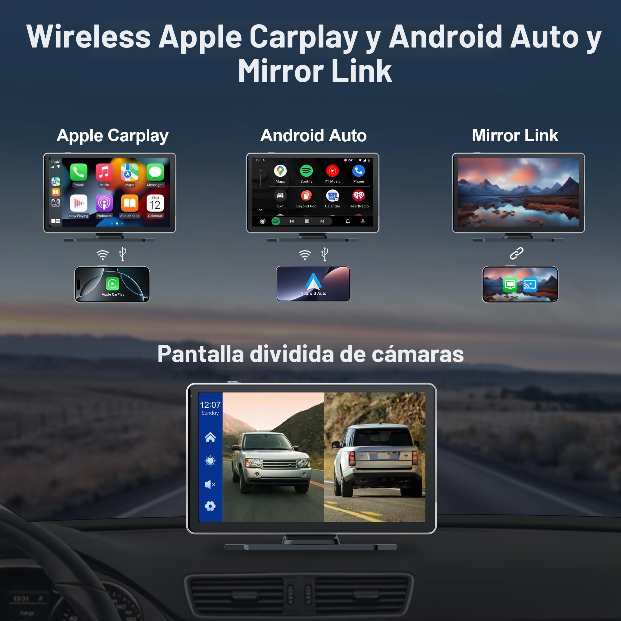 Estéreo inalámbrico para coche, audio portátil para coche de 9 pulgadas, pantalla de coche con cámara dual 4K frontal + trasera 1080P Dash Cam, CarPlay inalámbrico con Mirror Link/S-iri/AUX/128G SD