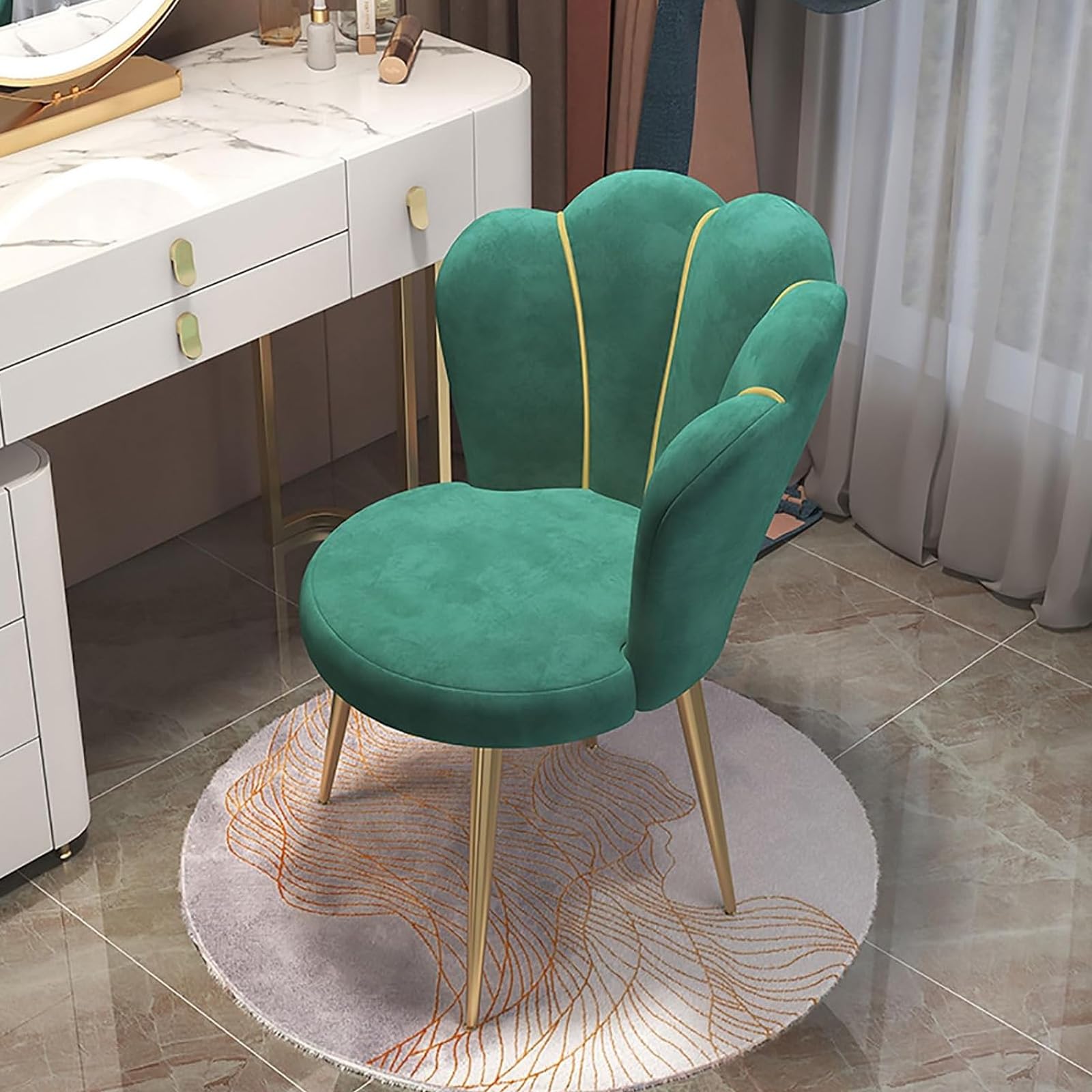 Silla decorativa de terciopelo verde con patas metalicas estables para maquillaje