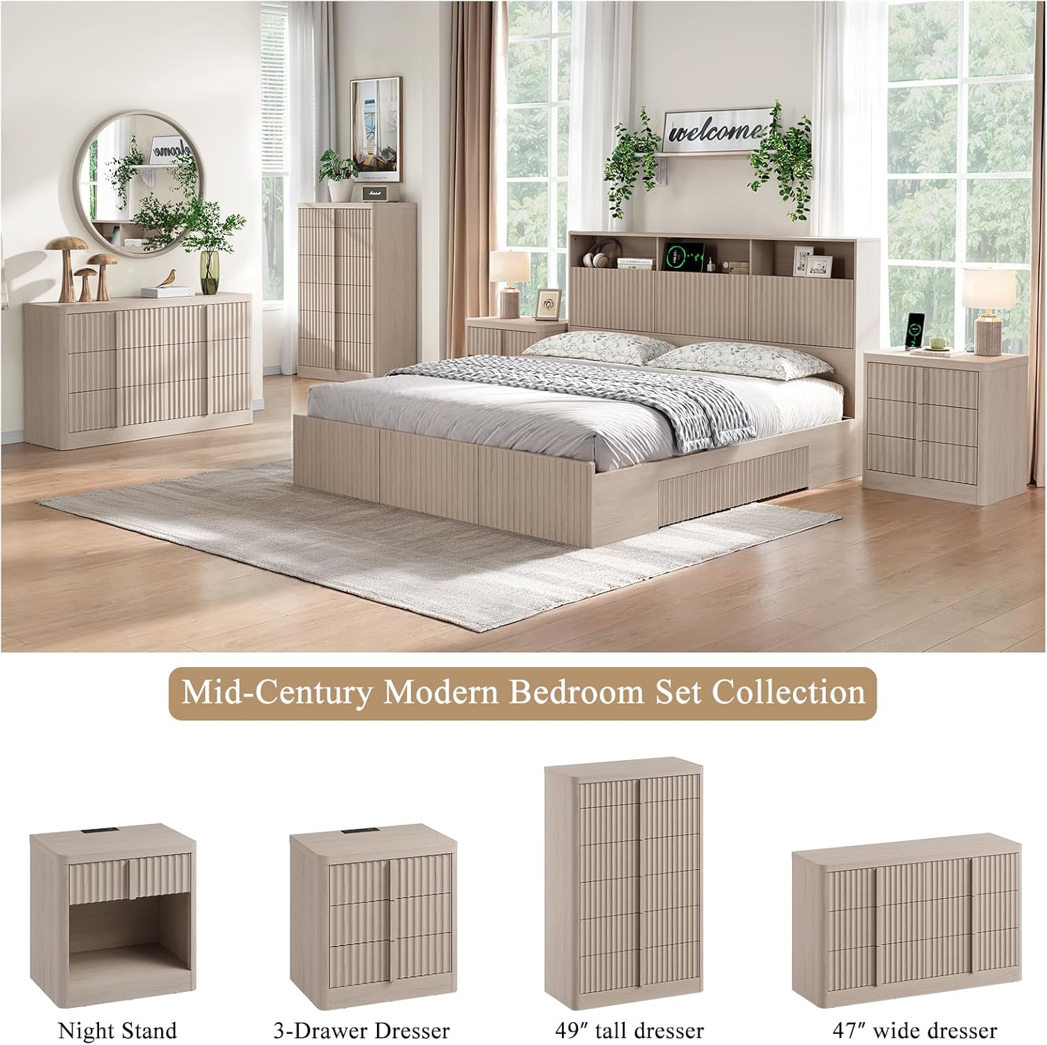 Fluted Dresser for Bedroom, 48" Tall 6 Drawer Dresser, Modern Chest of Drawers with Solid Wood Handle, Curved Profile Design, Wood Dressers Storage Organizer,Bedroom, Living Room, Hallway, White Alder - Image 7