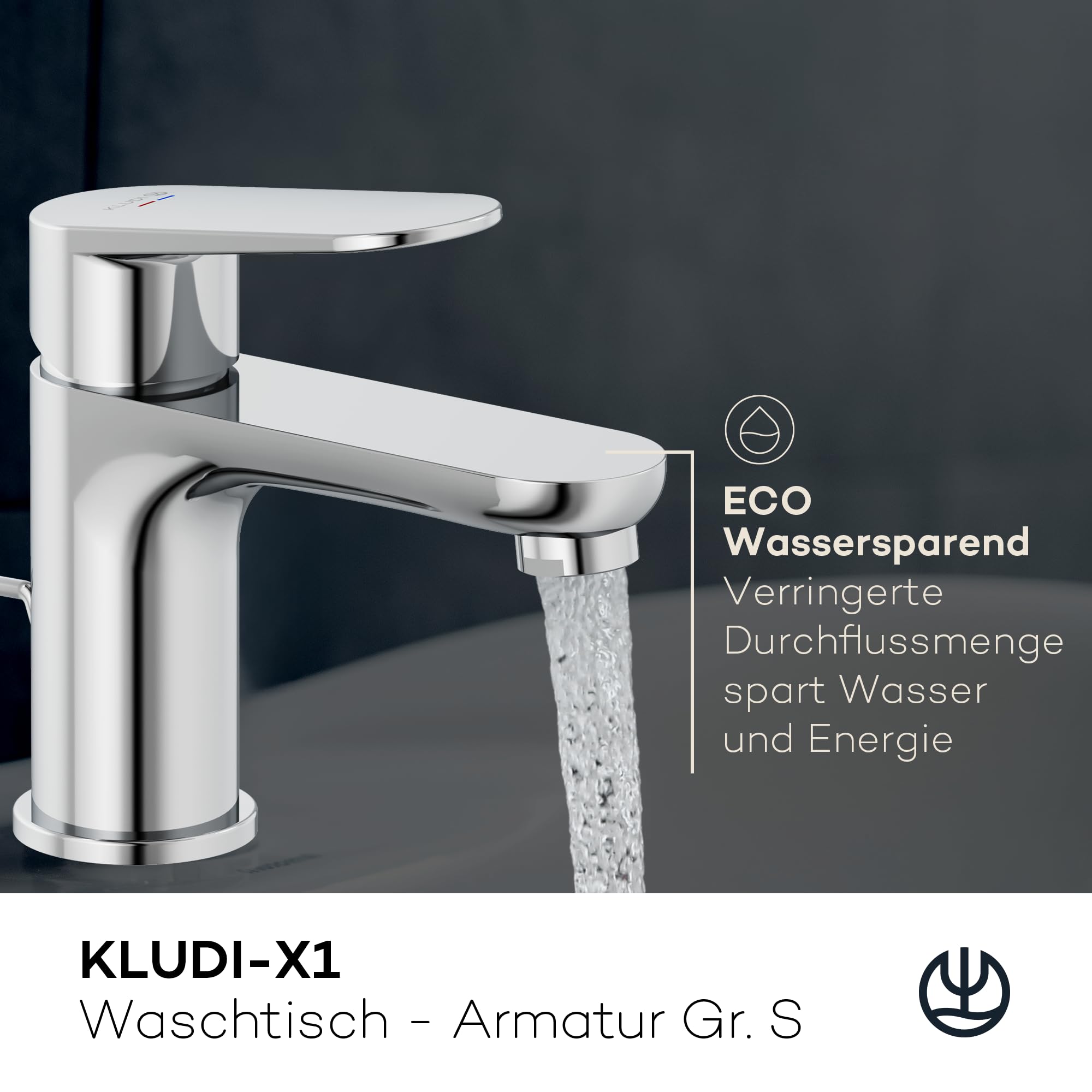 KLUDI-X1 Wasserhahn Bad mit Zugstangen-Ablauf, Auslaufhöhe 75 mm, wassersparende Waschtischarmatur Größe S, Keramikkartusche, Mischbatterie Waschbecken inkl. Anschlussschläuche in Chrom