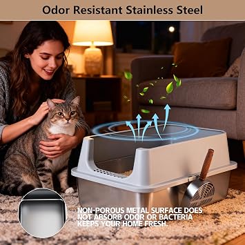 Stainless Steel Cat Litter Box with High Sided Splash Guard, Large Size