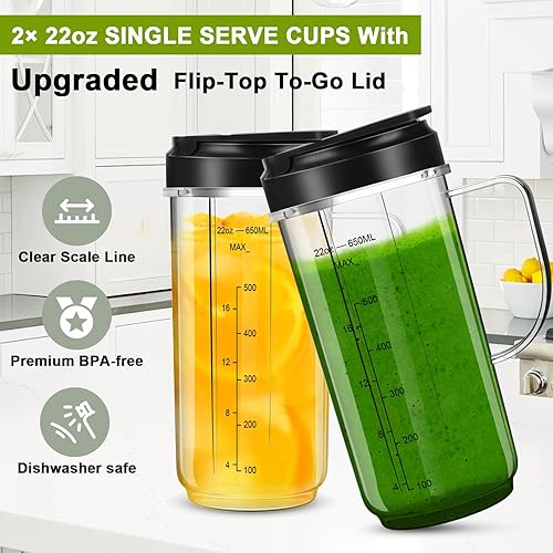 Miniatura 4 de Paquete de 2 Vasos de Licuadora Magic Bullet, Vaso Alto de 22oz con Tapa Abatible Para Llevar y Cuchilla Cruzada de 4 Aletas Repuestos de Licuadora,